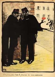 1902年3月1日、「L&39;Assiette au Beurre」の特別版、「犯罪と罰」から2人の警官が委員の妻から身を隠す 作： Felix Edouard Vallotton